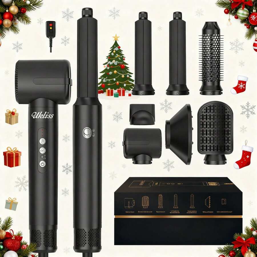 UKLISS 7-In-1 Black Hot Air Brush With Heating Wire, 3 Temperature (70℃ & 110℃) & 3 Speed Settings, Low Noise, Fast Drying & Perfect Curling For All Occasions - Xem 1