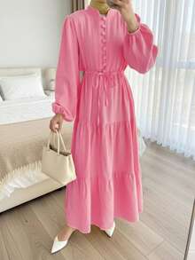 Vestido de mujer de manga farol con dobladillo de retazos, elegante, de unicolor, con botón en la cintura y nudo, para uso casual, fiesta de cumpleaños, evento formal, cita, otoño/invierno