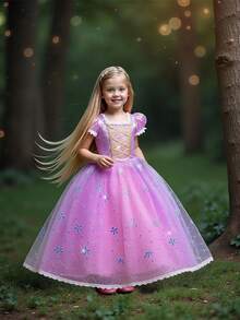 女童长款薄纱缎面泡泡袖优雅公主裙，适合派对穿着，不含头饰