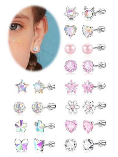 Set Of 1/12/14/21 Pairs Hypoallergenic Screw Back Earrings For Toddler Girls, Surgical Stainless Steel Flower, Pearl, Star, Cubic Zirconia Stud Earrings