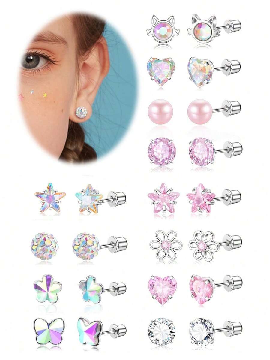 Hypoallergenic 316L Stainless Steel Stud Earrings For Girls Women, Screw Back Earrings For Sensitive Ears Cute Flower Butterfly Stud Hoop Earrings Screwback Girl Earrings 1-21 Pairs