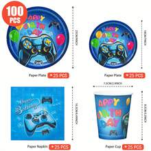 1 Set Blue Gaming Console Happy Birthday Disposable Plates, Napkins, Cups, Gaming Console Themed Plates, Napkins And Cups Party Supplies, Suitable For 25 Guests, Disposable Paper Plates Party Tableware Suitable For Birthday, Wedding, Party, Family Picnic