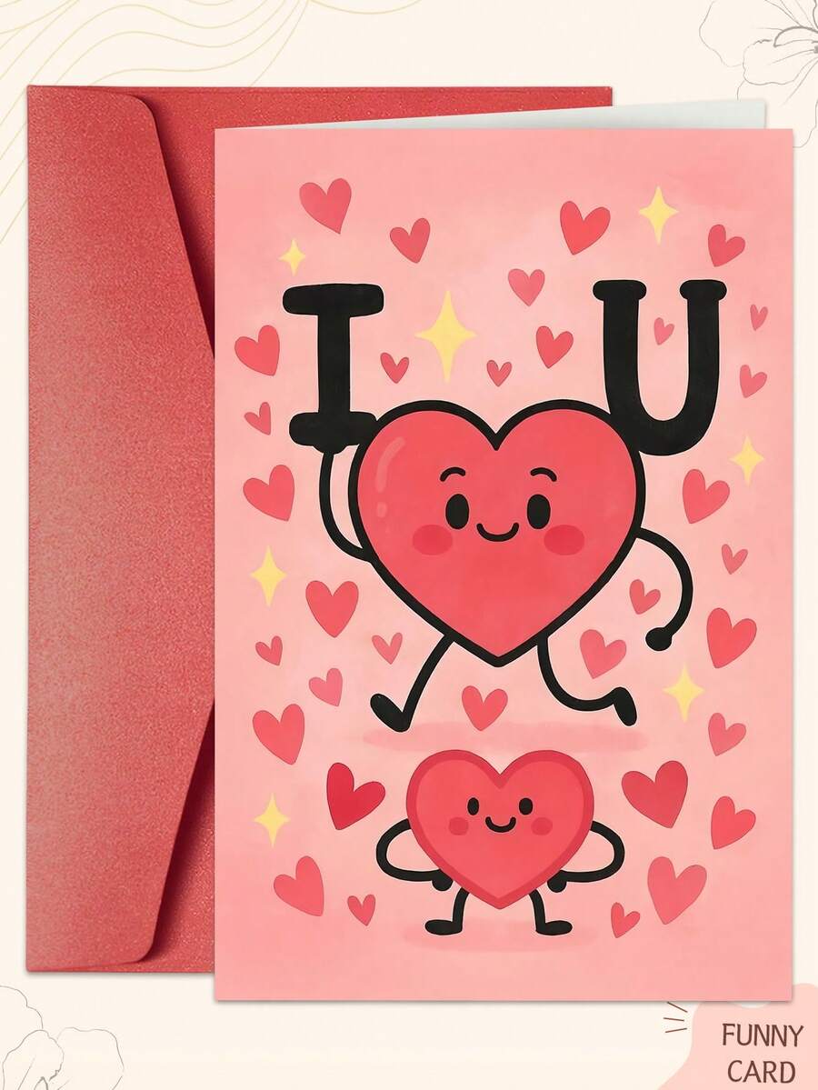 1张可爱“我爱你”心形贺卡（含信封） - 粉色和红色卡通设计，趣味纸卡，非常适合情人节/周年纪念日/日常表达爱意和感激之情 - 彩色 - 查看 1