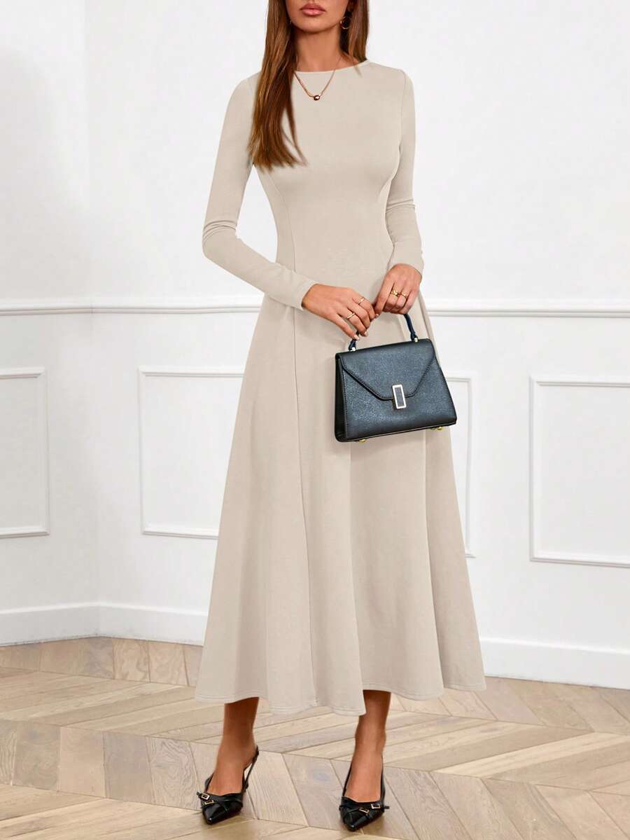 Women Fall Dresses Boat Neck Long Sleeve High Waist A-Line Flowy Knit Party Maxi Dress Spring Autumn Evening Formal Wedding Party Valentine Long Dress Outfits - 米色 - 查看 1
