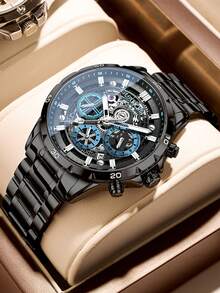 GUANQIN 1Pc Waterproof Luminous Skeleton Watch With Chronograph Calendar Multifunctional Dial Wear-Resistant Stainless Steel Strap Fashion Business Luxury Sporty Classic Simple Casual Mechanical Style Men Automatic Quartz Watch Suitable For Father's Day,Students,Festivals,Dating,Business, Daily,Gifts