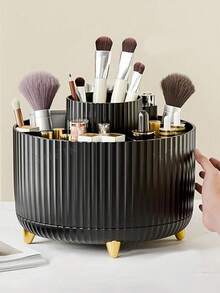 A 360-Degree Rotating Cosmetic Storage Box - A Single Plastic Cosmetic Storage Box With 5 Compartments - A Multi-Functional Storage Box For Brushes, Lipsticks, Skincare Products, And Stationery - A , Odorless, Luxurious Striped Design Desktop Storage Box, Suitable For Bedroom, Bedroom, Large-Capacity Plastic Pen Holder, Bathroom Organizer, And Household Dustproof Storage Bucket.,Room Decor - Multicolor - View 10