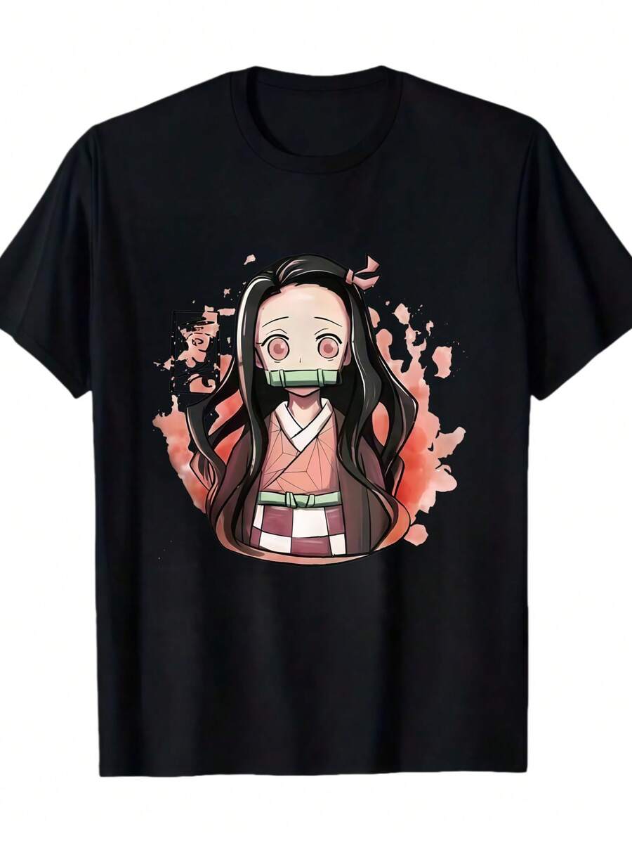 A Casual Printed Round Neck Pullover Short Sleeved T-Shirt Nezuko Kid Slayers Anime Manga Demon Ladies' Crewneck T-Shirt T-Shirts Bring Joy And Happiness To Every Child - Đen 1 - Xem 1