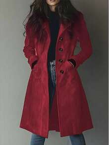 Women's Elegant Solid Color Casual Vintage Suede Trench Coat Jacket - Màu Đỏ Sâu - Xem 1