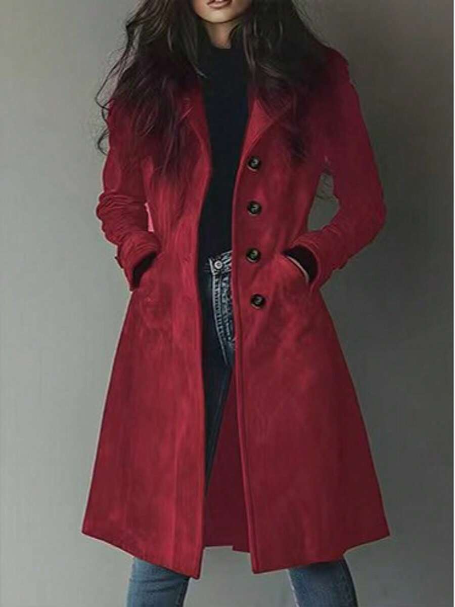 Women's Elegant Solid Color Casual Vintage Suede Trench Coat Jacket - Màu Đỏ Sâu - Xem 1