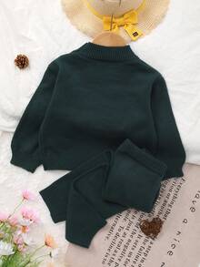 2 piezas Conjunto de suéter de manga larga bordado y pantalones largos para niñas, adecuado para primavera y otoño, estilo verde elegante, apropiado para uso diario, salidas, viajes y ocasiones escolares