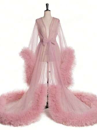 Romantic Pink Bridal Robe, Sheer Sexy Lingerie Robe, Versatile Shawl For Stage Show, Photography Studio