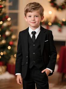 Boys Christmas Outfit 4-Piece Boys Suits For Wedding Blazer, Vest, Pants , Tie, Suitable For Elegant Birthday Party, Wedding, Anniversary, Christening - Black - View 5