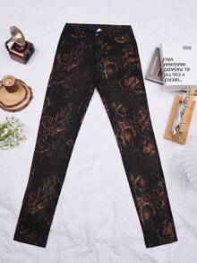 蛇紋印花閃亮 Pu 塗層高腰彈性長褲 - 黑色 - 查看 7