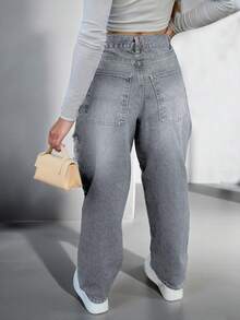 NVFelix 女士宽松破洞直筒牛仔裤，复古水洗，优雅时尚，Y2K户外风格，无弹面料，适合春夏日常穿着，灰色，2026新款休闲款 - 灰色 - 查看 3