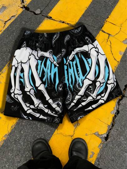 1pc Tween Boy Street Fashion Skateboard Skull Hand Letter Paisley Printed Shorts, Spring/Summer