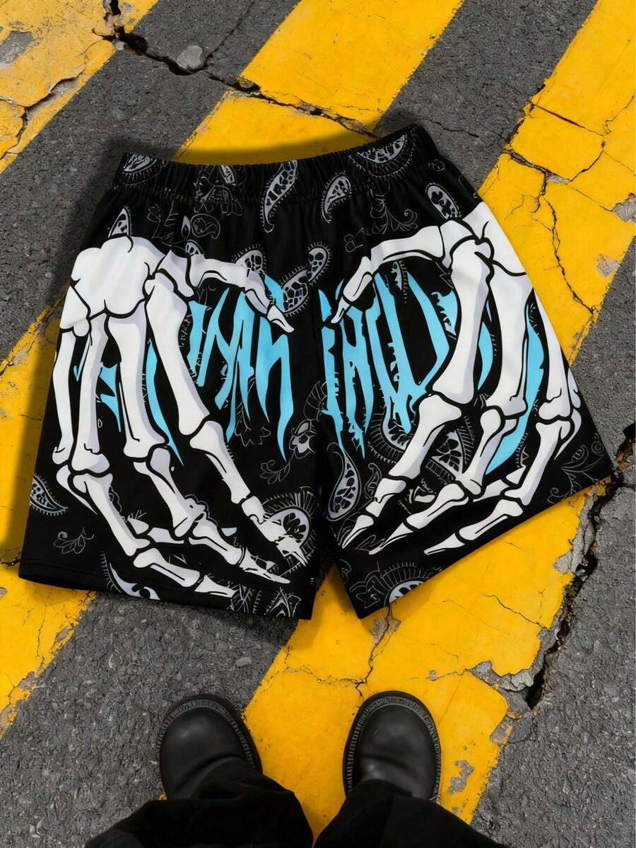 1pc Tween Boy Street Fashion Skateboard Skull Hand Letter Paisley Printed Shorts, Spring/Summer