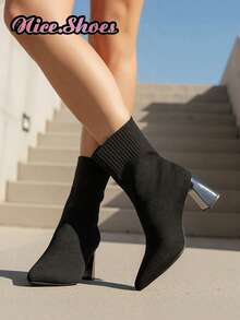 2025新款女士粗跟尖头靴，弹力修身靴，袜靴，高跟踝靴，绑带，黑色保暖靴，高跟中筒粗跟靴，舒适时尚尖头高跟鞋，休闲优雅靴，黑色靴，红色靴，棕色靴，咖啡色靴，卡其色靴，棕色靴 - 黑色 - 查看 3