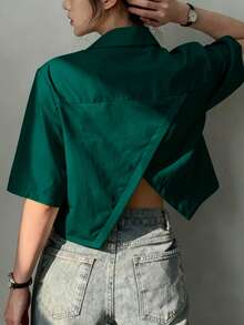 女士休闲交叉不对称纽扣衬衫 夏季 - 墨綠色 - 查看 3