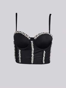 Apperloth A Top de tirantes corsé bustier ribete con cuenta con diamante de imitación - Negro - Ver 7