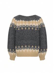 Women Crew Neck Knitted Pullover - Dark Grey - View 2