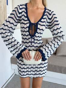 FOR BEAUTY 女士春夏新款简约时尚度假休闲修身大胆前卫性感套头连衣裙沙滩度假嘉年华、新年、情人节迷你裙 - 藍白色 - 查看 2