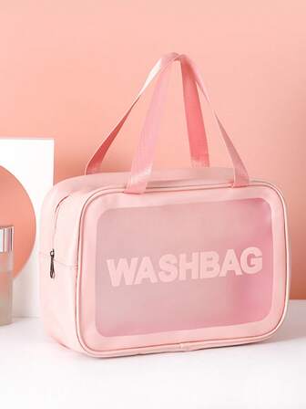 1pc Pink PVC Makeup Bag, Transparent Large Capacity Toiletry Bag, Waterproof PU Portable Cosmetic Organizer Bag For Women
