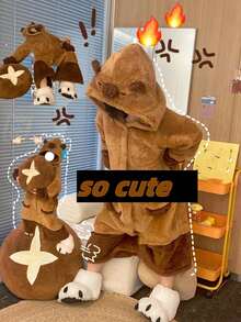 Cute Capybara Coral Fleece Pajamas, Cartoon Sweet Capybara Plush Sleepwear For Women, Autumn/Winter Bathroom Decor - Multicolor - View 11