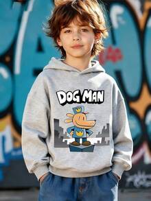 Tween Boy Street Fashion Detective Dog Letter Graphic Loose Fit Long Sleeve Sweatshirt, Funny Painting Style Pattern, Solid Color Design, Suitable For Daily Wear, Outings, Parties, School, Music Festivals, Vacations, Commuting, Etc. Can Be A Gift For Family, Boyfriend, Girlfriend, Friends, Also A Must-Have Item For Girls In Winter. - Grey - View 1