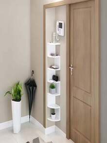 رف حائطي مثبت على الحائط، رف منزلي مثلث إبداعي، رف كتب حائطي نصف دائري مكون من 5 طبقات (بدون شريط إضاءة LED)، رف زاوية بطراز ريفي - رف تخزين حائطي مصنوع من البلاستيك بلون أبيض وحبيبات خشبية، وحدة زاوية منحنية توفر المساحة، مناسب للغرفة المعيشية والنوم والمطبخ - سهل التركيب، رف كتب/سلم قوي (أبيض كريمي)