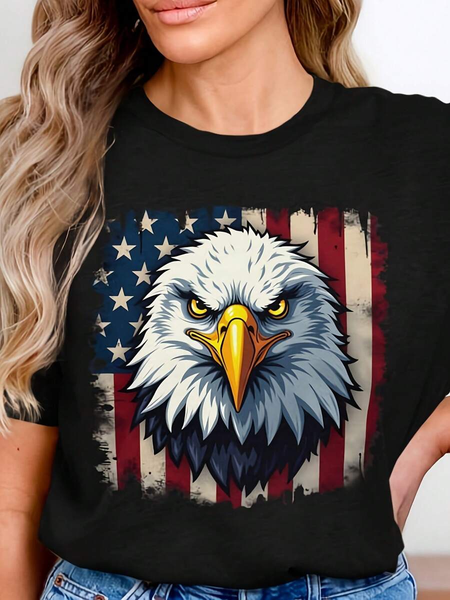 Camiseta, sudadera y sudadera con capucha con estampado de águila calva para hombre y mujer, diseño inspirado en la bandera de EE. UU. - Negro 4 - Ver 1