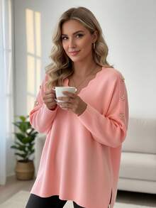 كنزة صوفية كاجوال أنيقة للنساء، رقبة طاقم من الدانتيل، لون أحادي، شتوي