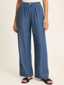 MODA MO, REF: AS1710 - Women's High-Waisted, Slim-Fit Jeans, Straight Leg With Elastic Waistband, Decorative Metal Buttons At The Waist, Pockets, Non-Stretch Fabric, Lightweight And Comfortable, Suitable For Casual Occasions. - Xanh đậm - Xem 1