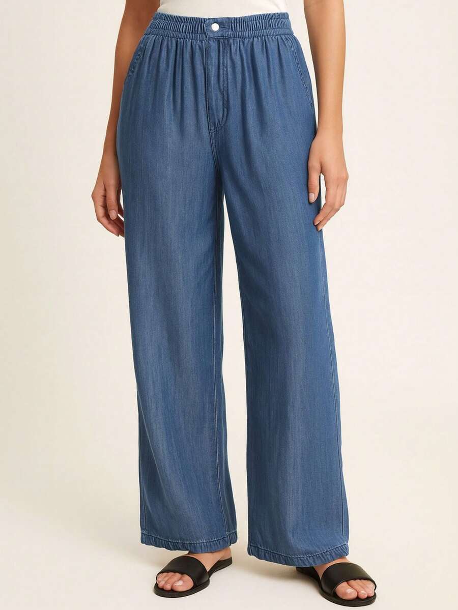 MODA MO, REF: AS1710 - Women's High-Waisted, Slim-Fit Jeans, Straight Leg With Elastic Waistband, Decorative Metal Buttons At The Waist, Pockets, Non-Stretch Fabric, Lightweight And Comfortable, Suitable For Casual Occasions. - Xanh đậm - Xem 1