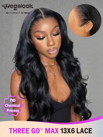 MEGALOOK Upgrade 13x6 Three-Go™ Glueless Wigs Body Wave Human Hair 3s Put On Go Transparent Lace Front Wig Pre-Cut Lace Breathable With Drawstring Ear-To-Ear Bleached Konts Natural Hairline Glueless Natural Black 180%/200% Density Human Hair Wig For Women Daily Use Office Ready Party Style Y2K Baddie Vacation Outfits Outdoor Cosplay Campus School Holiday Halloween Vibes Festival Ready