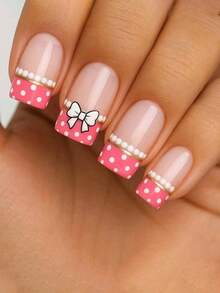 24 Stücke kurze quadratische Fake Nägel, rosa & weiße Punkte, Schleifenprint Design, inklusive 1 Gelee Gel & 1 Nagelfeile, geeignet für Valentinstag Party, Tanzen, täglichen Gebrauch, abnehmbar & wiederverwendbar