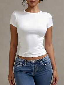 XLLAIS 女士夏季短袖 100% 纯棉 T 恤，休闲运动弹力白色上衣 - 白色 - 查看 7