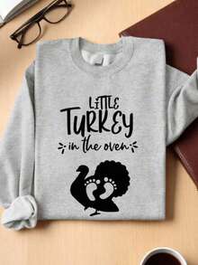 Little Turkey In The Oven Sweatshirt, Thanksgiving Pregnancy, Thanksgiving Maternity Sweater, Pregnancy Announcement Gift, Fall Pregnant Long Sleeves Sweater - 灰色 - 查看 10