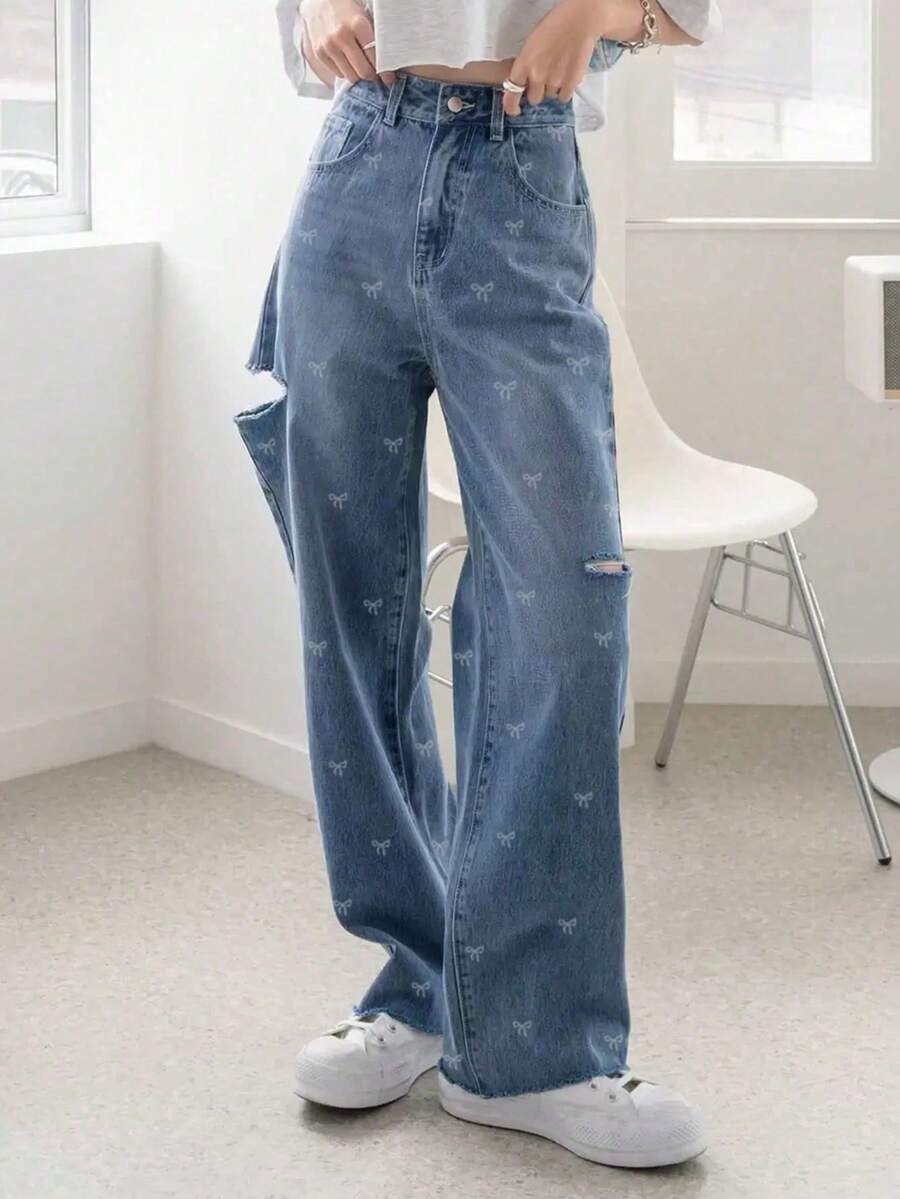 新款蝴蝶印花高腰喇叭牛仔裤，修身 - 藍色 - 查看 1