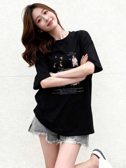 女士休闲宽松字母与动物图案圆领短袖T恤