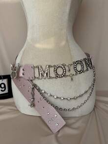 1pc Letter Retro PU Leather Crocodile Print Rhinestone Studded Moon/Light Buckle Decorative Belt, Y2K Abby Girl Streetwear Style, Versatile For Jeans, Skirts, Photography Prop Summer, School Fall, Autumn, Halloween - Multicolor - View 5