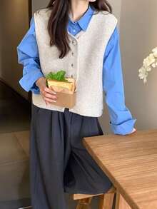 Alicedudu Women's Asymmetrical Hem Cardigan Sweater Vest, Minimalist High-End Style, Autumn/Winter - Apricot - View 4