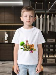 Kids' Casual Crew Neck T-Shirt With Simple Halloween Print, Short Sleeve Summer T-Shirt For Children - Lightweight Cotton Fabric, Breathable Crew Neck T-Shirt With Super Bear Adventure Graphic Print, Fashionable And Soft T-Shirt Suitable For Kids' New Year Gatherings. - 白色 - 查看 7