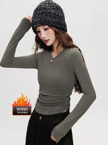 JUTU Double-Sided Velvet Asymmetrical V-Neck Base Layer 2026 Women Winter Sweet & Cool Long Sleeve Top - 237 Earth Gray - View 5