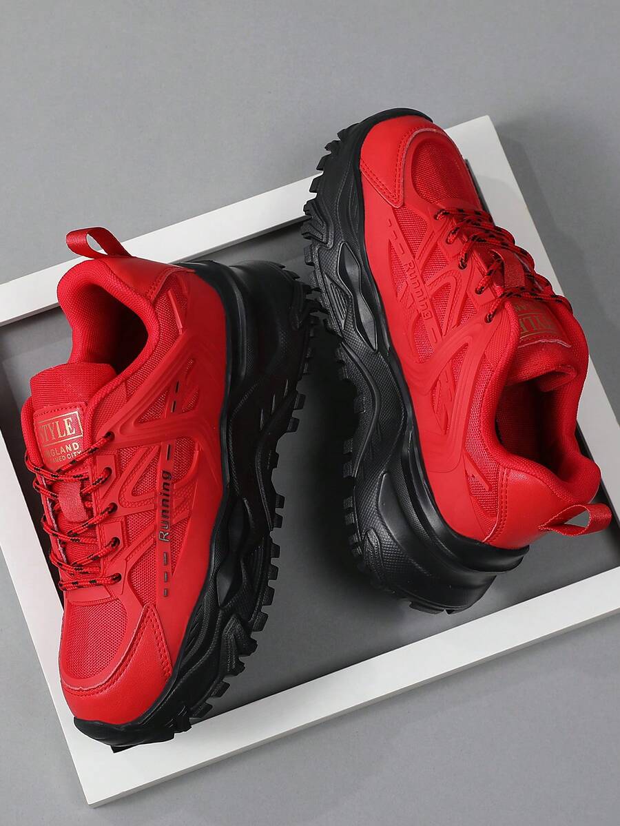 Men's Chunky Sneakers, Red Lace-Up Athletic Shoes, Thick Sole Non-Slip Outdoor Round Toe Sports Shoes, Versatile Student Casual Sneakers, Minimalist Lightweight Outdoor Sports Shoes, Fashionable Red Shoes - Red - View 1