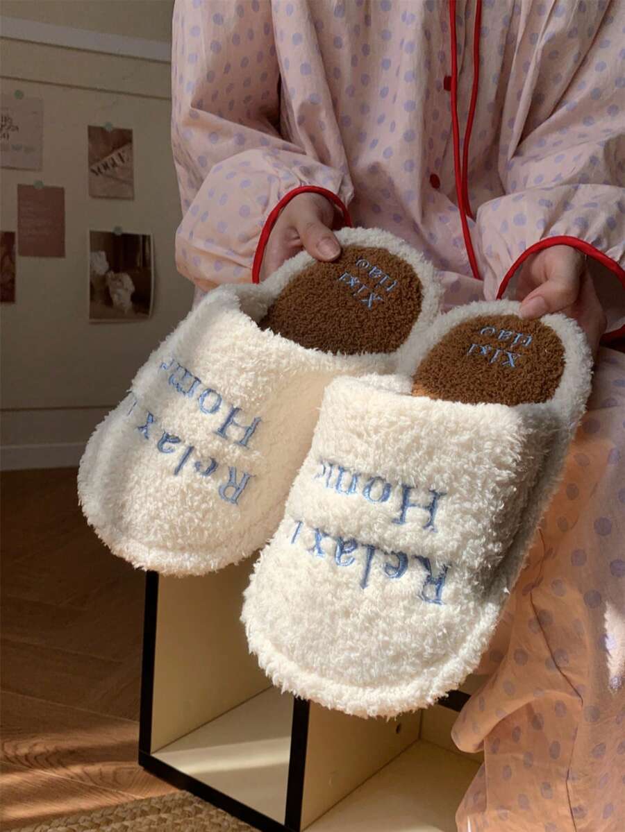 XIXITIAO 1 par de pantuflas casuales de mujer con bloqueo de color e impresión de letras, pantuflas de casa cerradas y cálidas