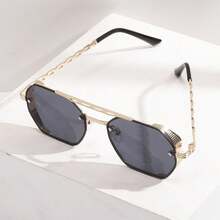 1 chiếc kính mát thời trang gọng kim loại đa giác cầu đôi cho nữ - Mảnh màu đen và xám khung vàng - Xem 3