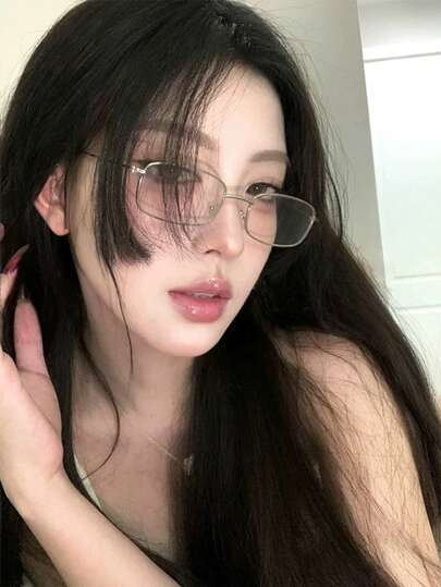 1副复古小框Y2K银色镜框眼镜，男女通用金属全框装饰眼镜