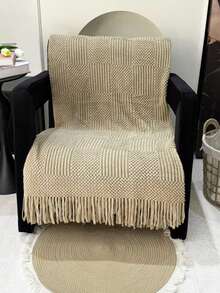 1件纯色针织毯，北欧风腈纶长方形办公午睡沙发毯，空调毯，针织小毯，披肩，盖毯，床巾 - 方塊泡泡卡其 - 查看 2