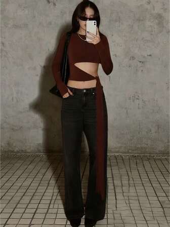 Blusa de manga larga con espalda descubierta y detalle de nudo, elegante y sexy blusa de manga larga para mujer en otoño/invierno