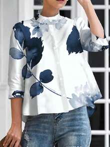 女士印花立领纽扣休闲衬衫，适合度假和夏季穿着 - 藍白色 - 查看 1